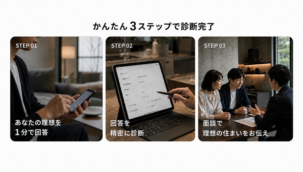 かんたん3ステップで診断完了.STEP01 あなたの理想を1分で回答/STEP02 回答を精密に診断/STEP03 面談で理想の住まいをお伝え